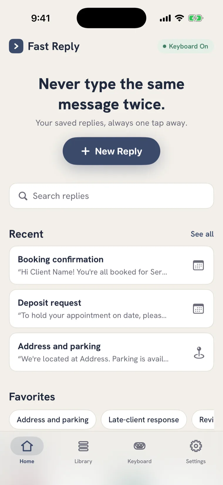 An iPhone showing Fast Reply. Your whole library, in folders that nest.