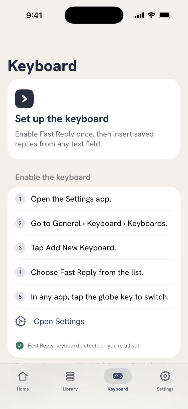 An iPhone showing Fast Reply. A real keyboard, enabled once.