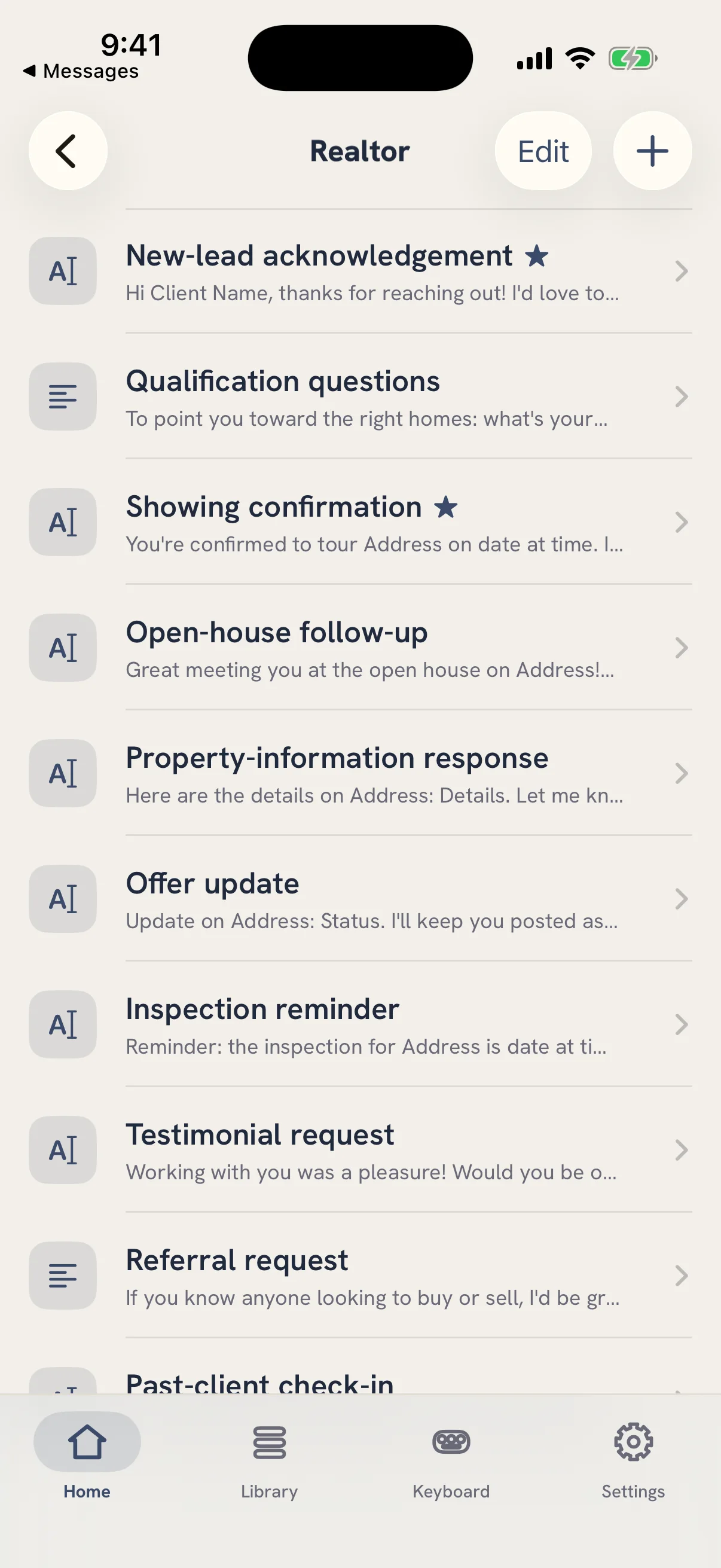 The Realtor folder in Fast Reply with 10 saved replies for leads, showings, offers, inspections and referrals.