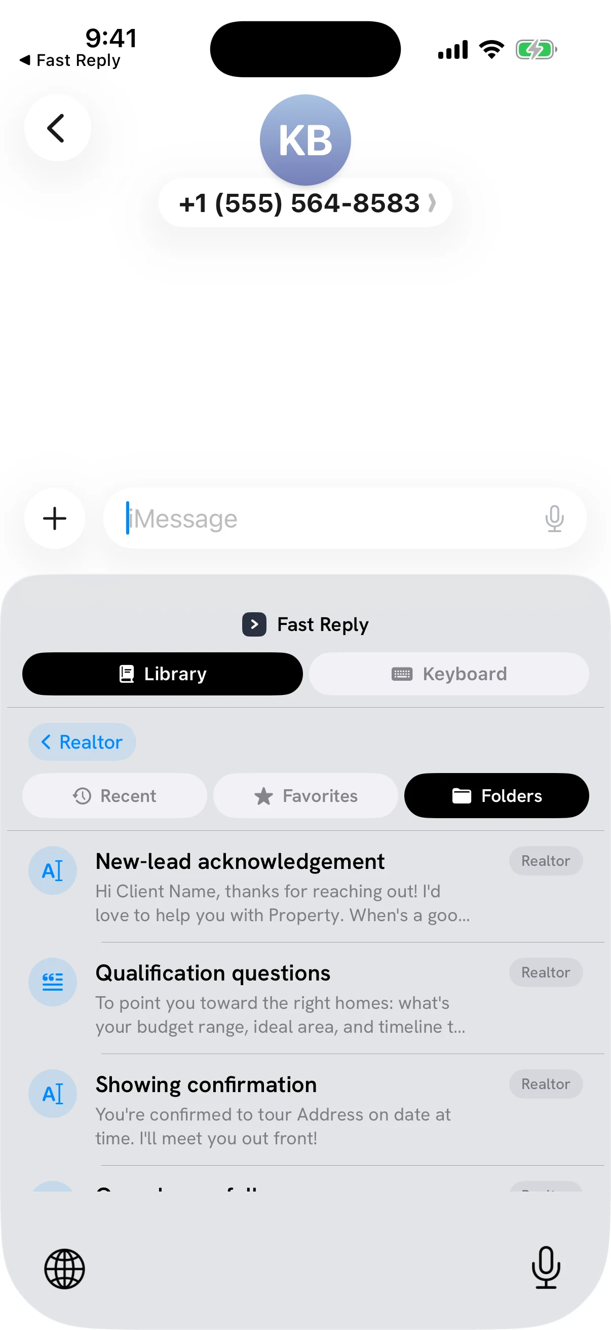 Fast Reply open inside Messages with a Realtor folder containing lead, qualification and showing replies.