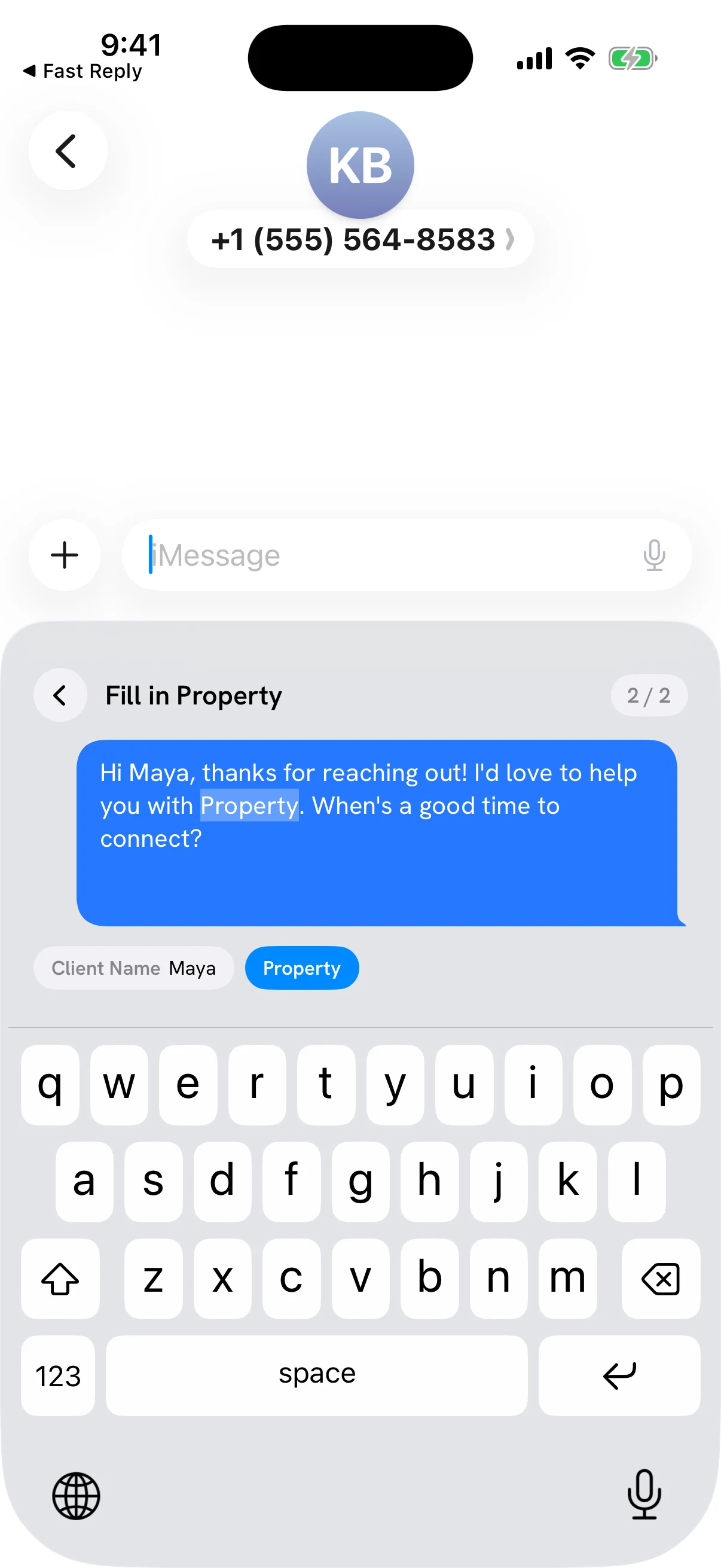 A showing confirmation in Fast Reply asking for the property address before inserting the personalized message.